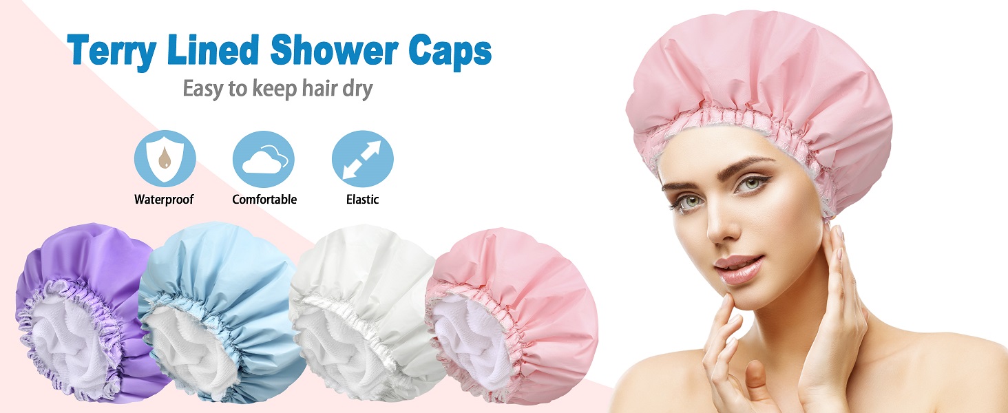 Terry Lined Shower Caps - Pink