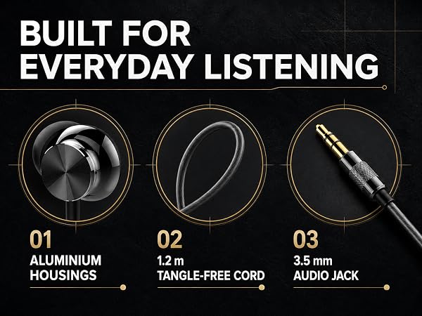 Close-up details of the Betron BS10 aluminium earbud, tangle-free cable and 3.5mm connector.