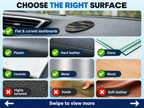 Surface compatibility guide. Highly textured surfaces, suede and soft leather are not suitable.