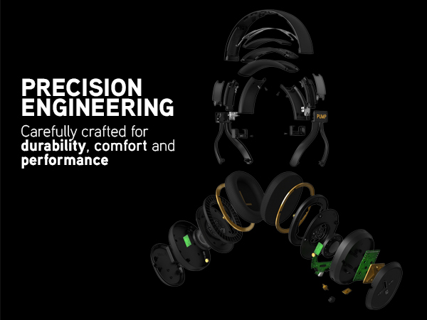 Exploded view of Pump X headphones showing internal components, drivers, circuits, and build design
