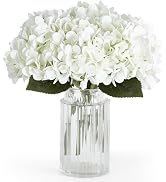 Mkono 6 Pack Artificial Hydrangea White Fake Folwers with Long Stem and Leaves Faux Floral Real T...
