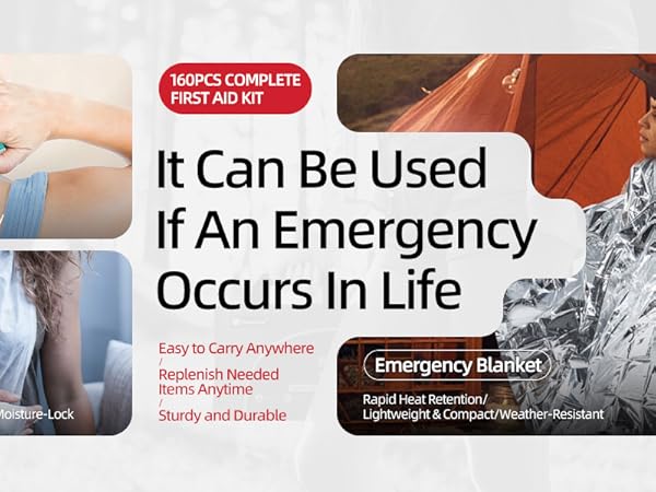 Text reads 'It Can Be Used', 'If An Emergency Occurs In Life'. First aid or medical supplies shown in product demonstration context.