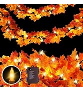 Fall Garland with Lights Battery Operated,10FT 50 Orange Bulbs Lighted Fall Leaves Garland,Fall D...