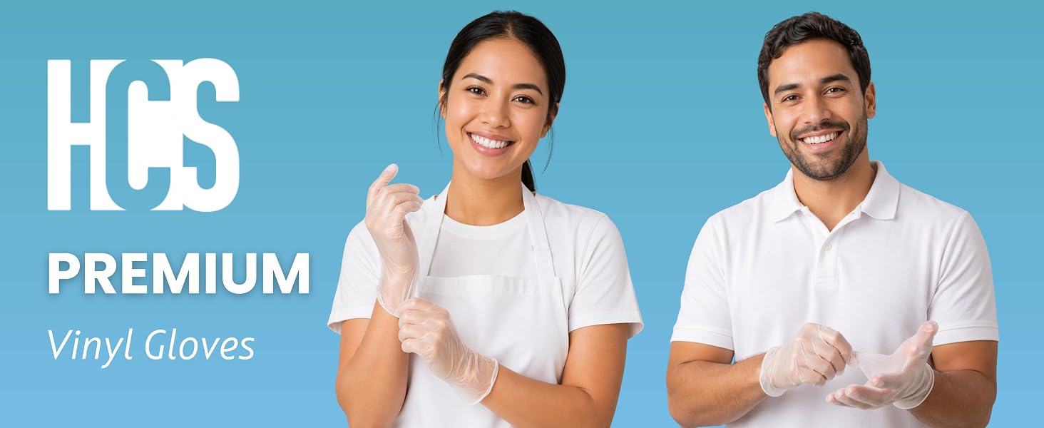 two smiling professionals in white uniforms putting on gloves