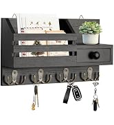 HOMEBROS Key Holder Wall Mount, Wooden Adhesive Mail and Key Organizer with Drawer, Small Shelf, ...