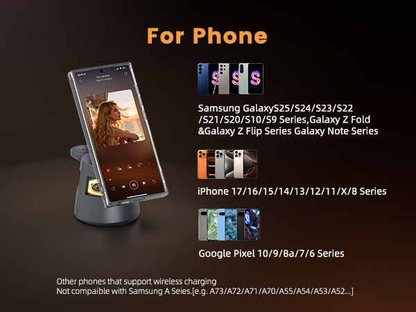 Text reads 'For Phone' with compatible phone models listed: Samsung Galaxy/S25/S24/S23/S22/S21/S20 and iPhone 17/16/15/14/13/12/11/X/8 Series. Product appears to be a phone charging or mounting device.
