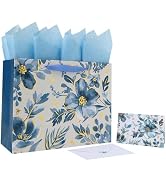13” Large Blue Flowers Gift Bag Set with Handles, Greeting Card, Tissue Papers and Stickers for W...