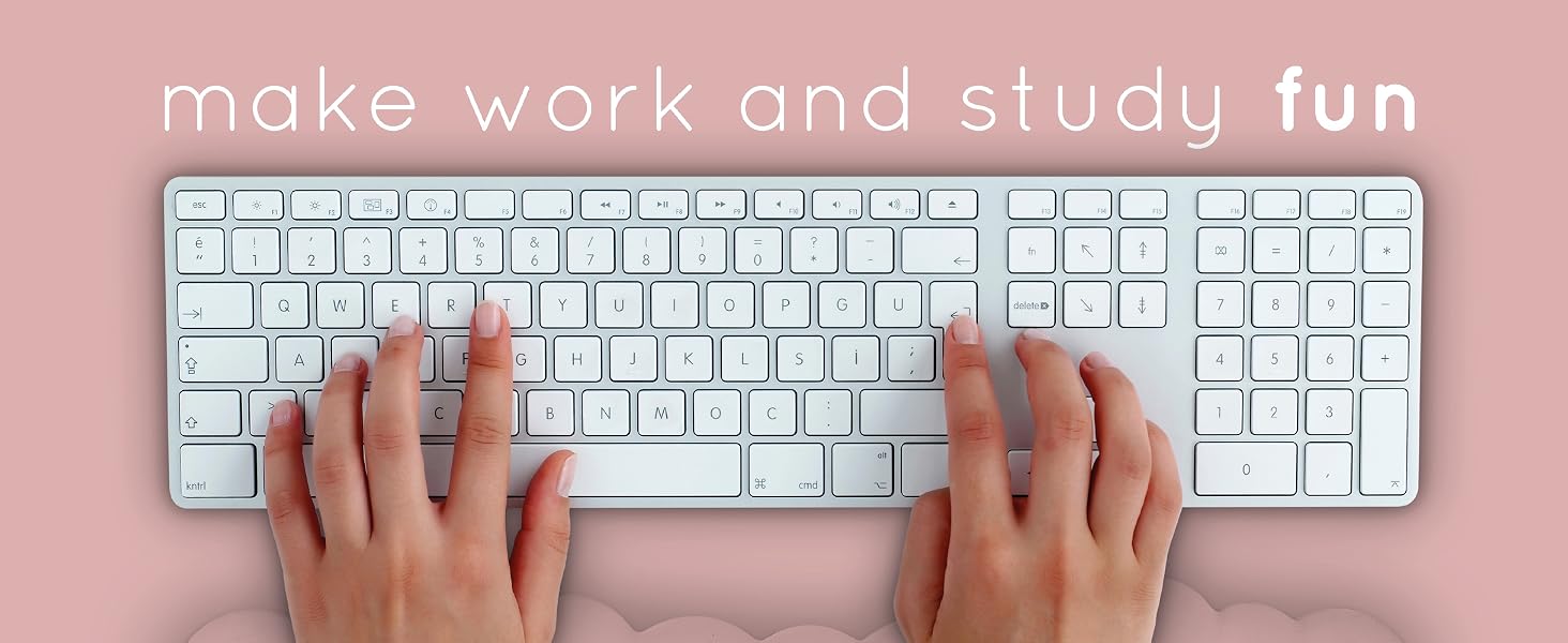 Two hands typing on keyboard with pink cloud wrist rest for computer keyboard