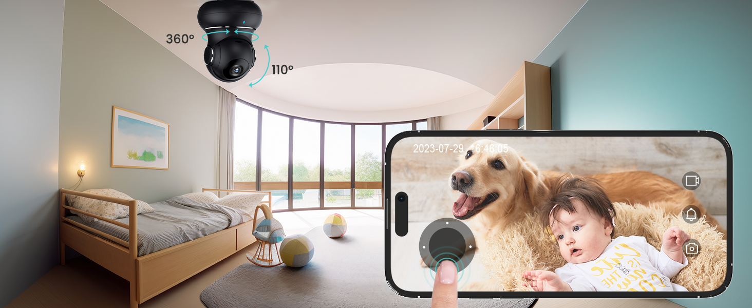 a smart home camera with a smart phone and a dog