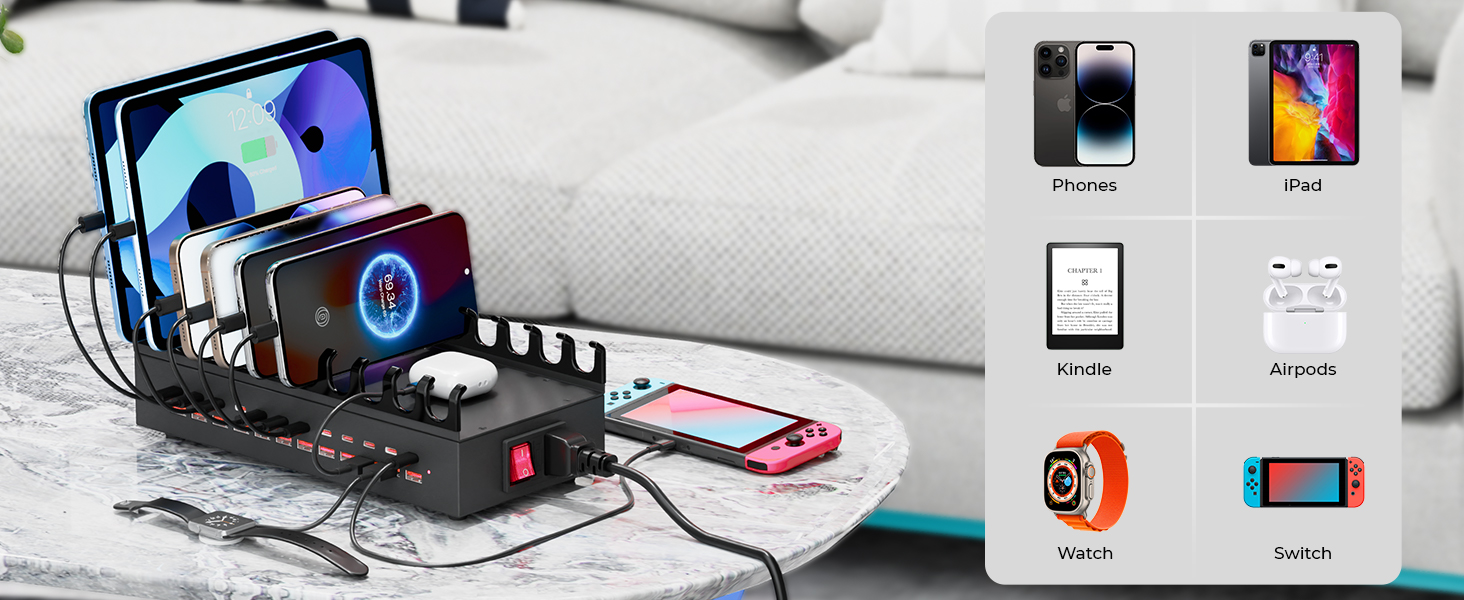 USB Charging Station, 24 Port Fast Charging Station for Multiple Devices USB C Charger Block