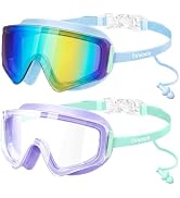 Vvinca 2 Pack Kids Swim Goggles with Attached Earplugs & Nose Clip, Frameless Anti-Fog Wide View ...