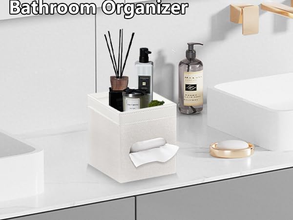 Tissue Box Cover Square, PU Leather Tissue Cube Box Holder with Storage Valet Tray