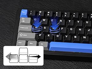 Mechanical keyboard with blue switches visible through transparent keycaps on 'A' and 'S' keys. Inset diagram shows arrow keys demonstrating adjustable keyboard tilt functionality.