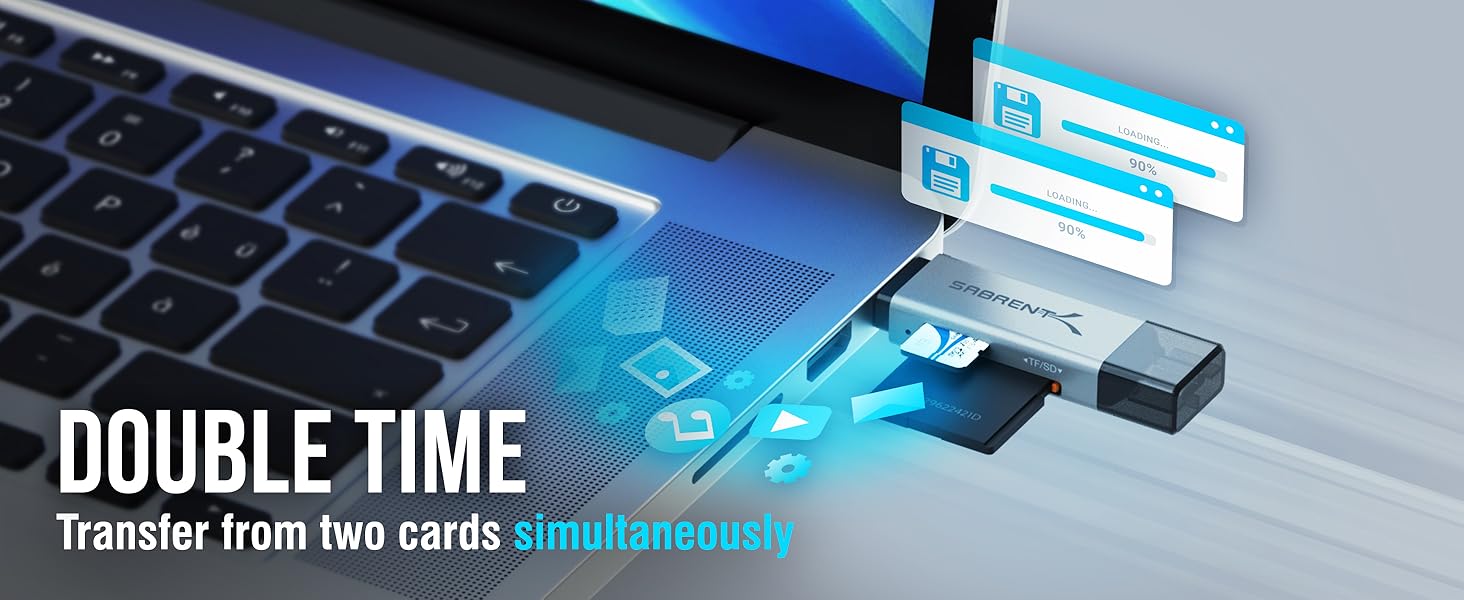 Text reads 'DOUBLE TIME' with subtitle 'Transfer from two cards'. Series of images showing USB device connected to laptop keyboard with blue lighting.