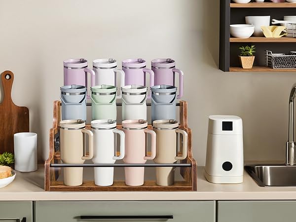 3 tier storage rack for tumblers and mugs, sturdy wood organizer for kitchen pantry space.