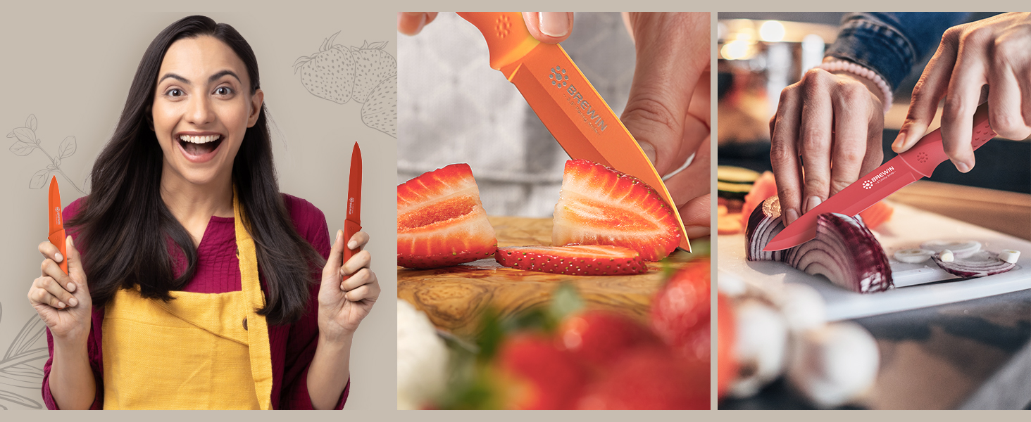 Small paring and utility knives used for slicing strawberries and onions, with happy user