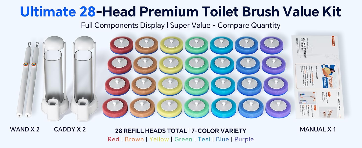 Complete toilet cleaning bundle includes 2 wands, 2 caddies, and 28 colorful disposable refills.
