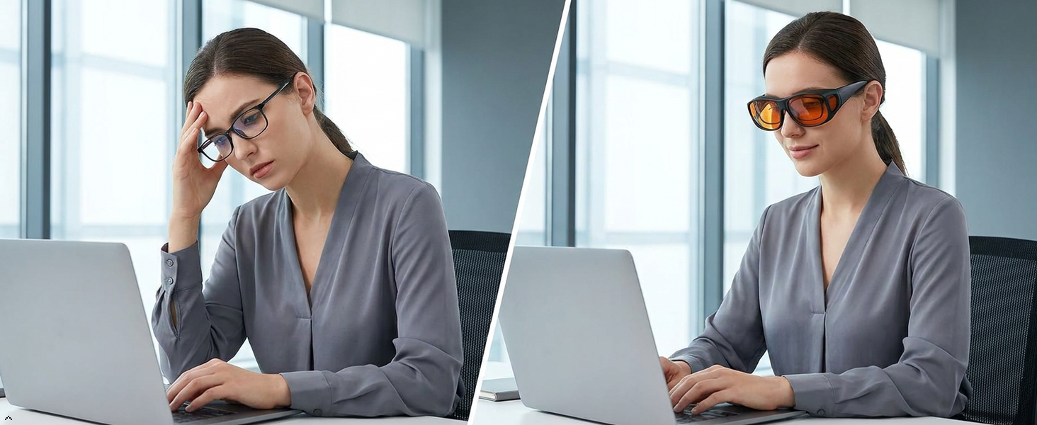 Blue light protection comparison, Before and after results, Eye comfort demonstration