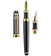 Lanxivi Duke D2 Fountain Pen Black Gold Trim Fine Nib with Additional Fude Nib (Bent Nib) and Con...