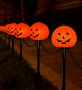 PASUTO 7Ft Halloween Pathway Lights Outdoor Pumpkin Stake Lights with 4 Jack-O Lantern Pumpkin Li...