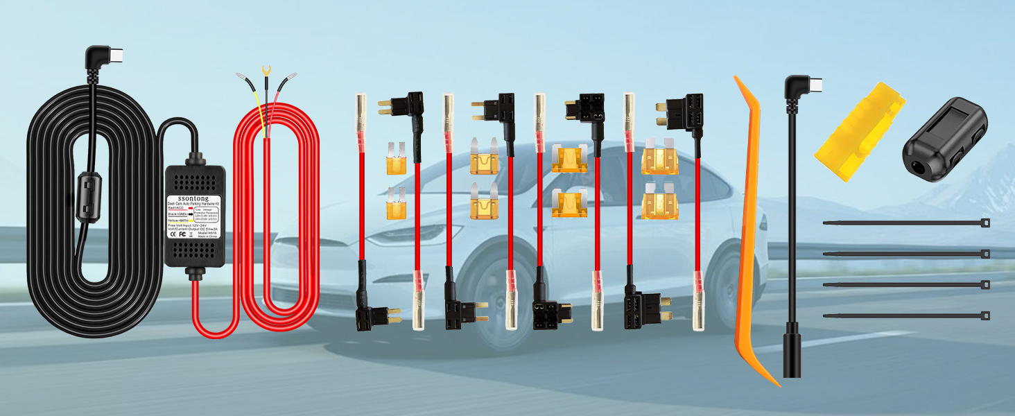 Various electrical accessories including coiled cables, power adapters, multi-headed connectors, and extension cords in black, red, and yellow colors.