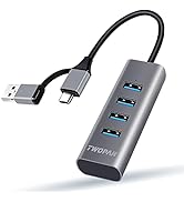 TWOPAN 4-Port USB 3.0 Hub for Laptop, Aluminum Alloy, USB-A & USB-C Plugs, 5Gbps Data Transfer, C...