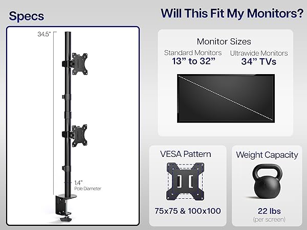 dual monitor mount stacked vertical ultrawide desk mount adjustable VESA clamp stand cable mgmt