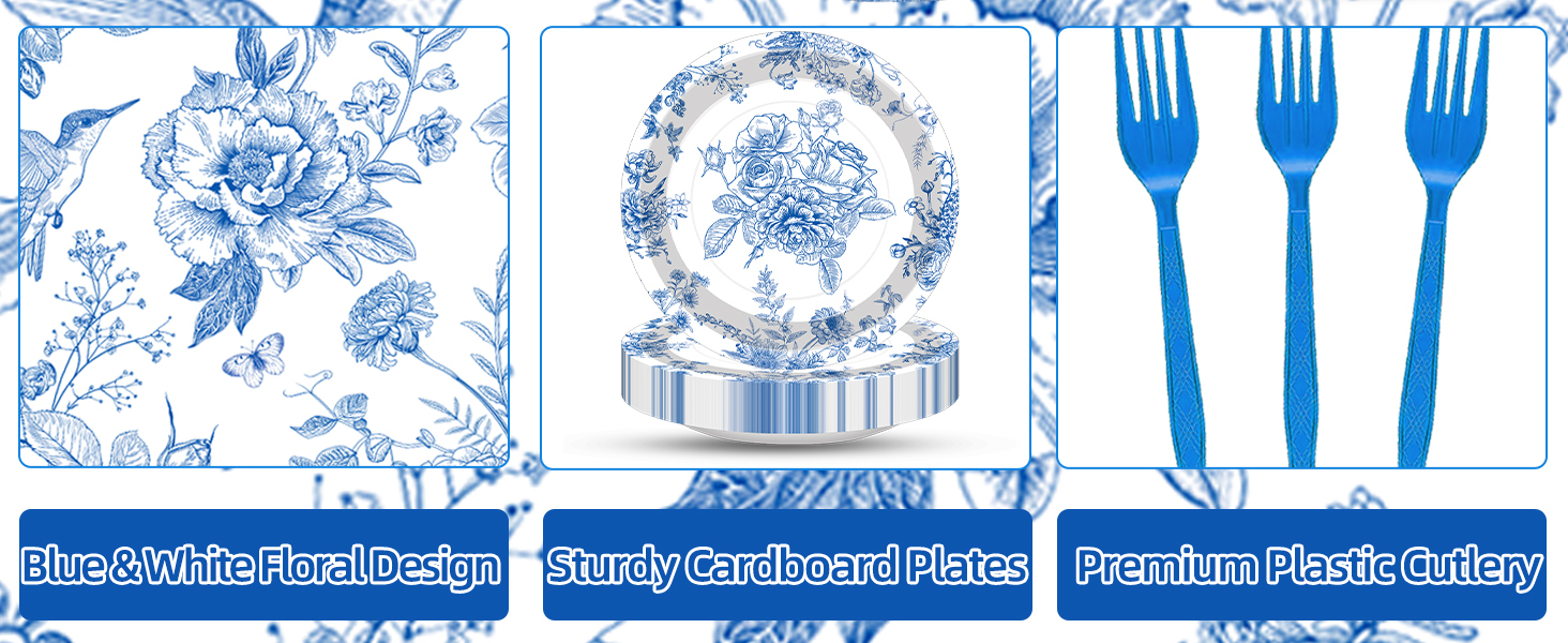 100 Pcs Blue and White Floral Tableware Party Supplies Set