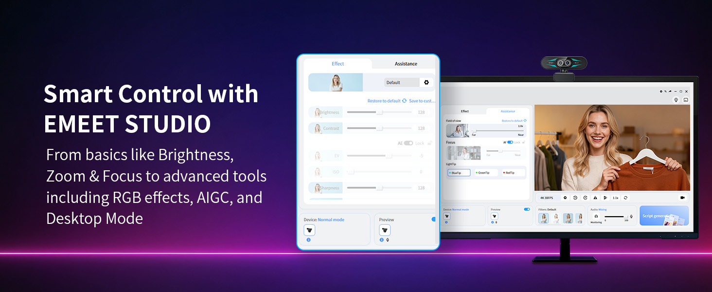 Smart Dual Control via Remote & EMEET STUDIO EMEET C60E Dual-Camera 4K Webcam for Streaming
