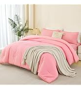 PERFEMET Coral Pink Comforter Set Twin Size 5 Pieces Pom Pom Fringe Solid Bedding Set for Girls K...