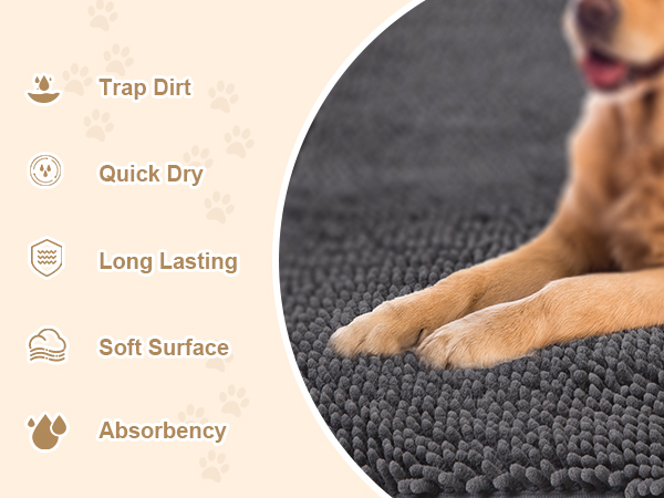 A dog is sitting on the soft chenille dog mats