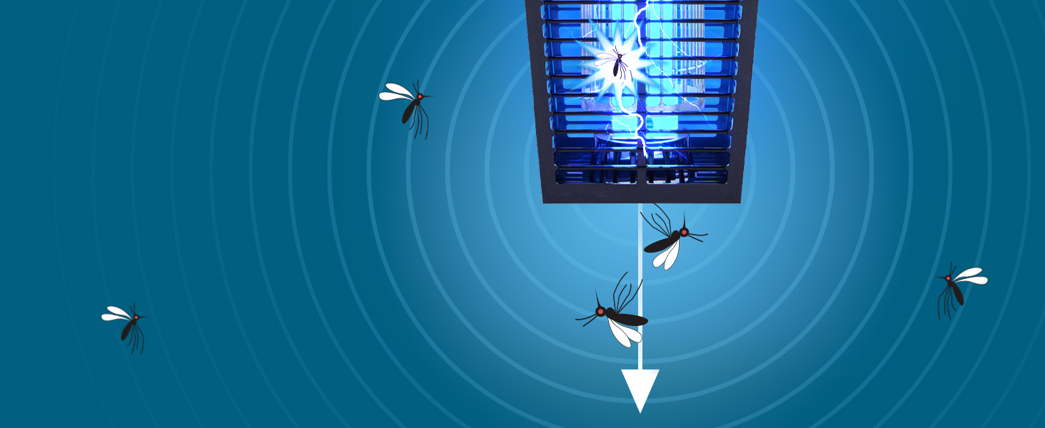 Bug zapper zapping a bug with dead bugs falling out underneath and arrow pointing down