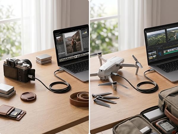 Split-panel image showing desktop video editing workstation with dual laptop monitors, professional camera, microphone, cables, and various video production equipment on wooden desk in bright workspace.