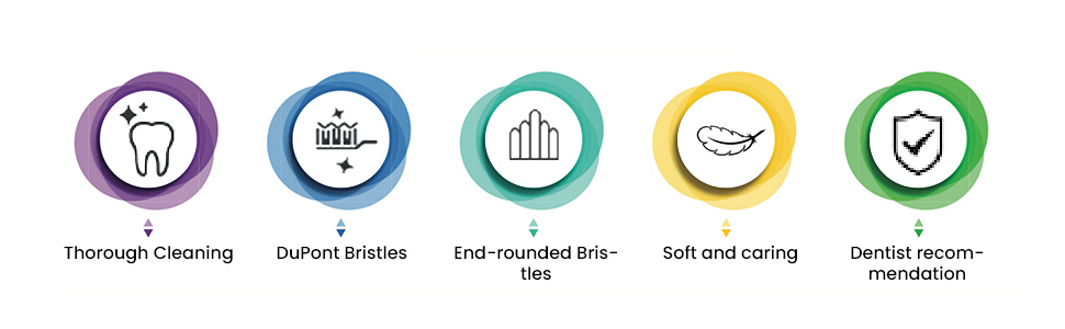 Row of five circular icons with symbols representing different features or services, including icons for cleaning, safety, analytics, communication, and verification.