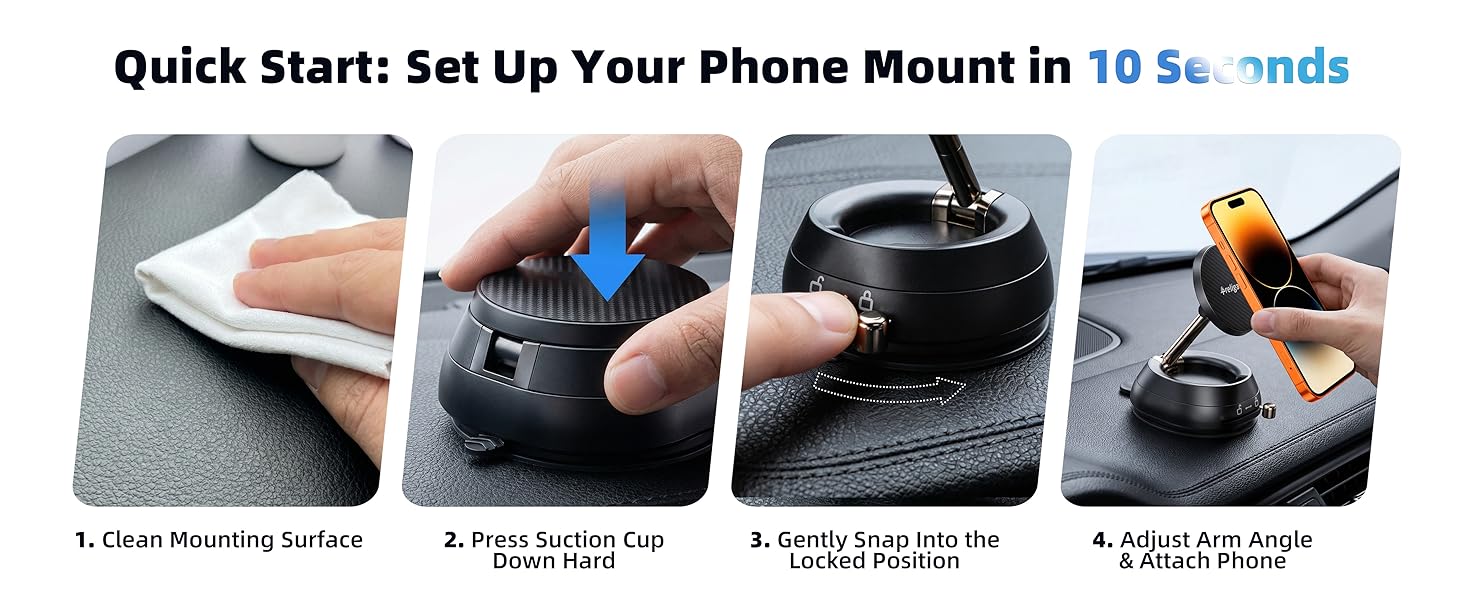 Install your dashboard car phone mount in 4 steps. A secure magnetic car phone holder.