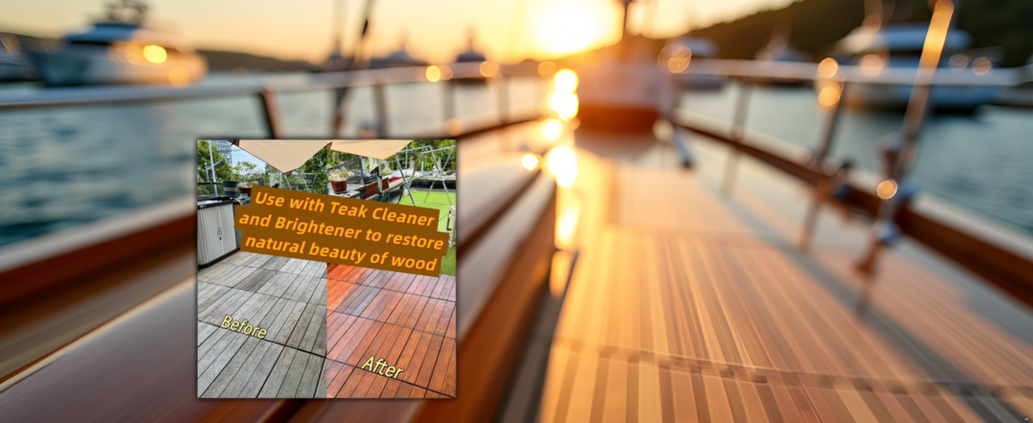 A close-up view of a polished teak deck on a luxury yacht, showcasing the product's ability to resto
