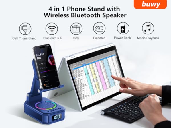 Text reads '4 in 1 Phone Stand with Wireless Bluetooth Speaker'. Multiple product views showing blue device functioning as phone stand and speaker system.