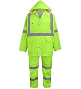 GGS Three-Piece Rain Suit - High Visibility, Waterproof Bibs and Jacket with Detachable Hood, Lig...