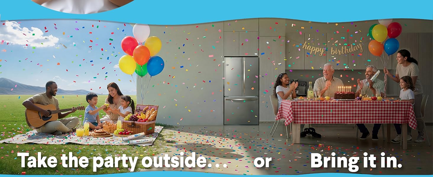 Happy families using confetti cannons at outdoor picnic and indoor birthday party