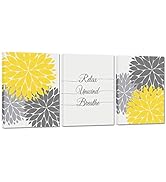 iHAPPYWALL 3 Pieces Bath Flowers Yellow and Grey Wall Art Relax Unwind Breathe Funny Bathroom Sig...
