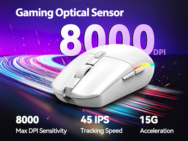 White gaming mouse with 8000 DPI optical sensor, 45 IPS tracking speed, and 15G acceleration. Features colorful light effects in background.