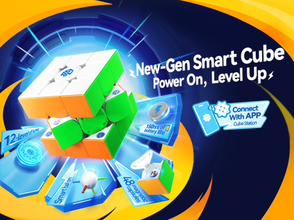 New-Gen Smart Cube puzzle with orange, white, and green sections. Features app connectivity, timer, and move counter. Advertised as 'Power On, Level Up' with digital enhancements.