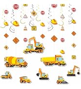 HonuGoGo 16Pcs Construction Theme Party Hanging Decorations – Swirl Set with Trucks, Traffic Cone...