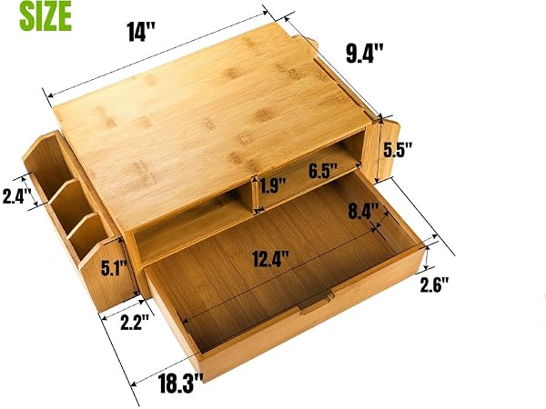 Bamboo Desktop Organizer, Desk Monitor Stand Riser with 1 Drawer and 2 Pen Holder