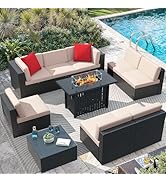 Greesum Patio Furniture Sets 10-Pieces Outdoor PE Rattan Sectional Sofa w/43in Gas Fire Pit Table...