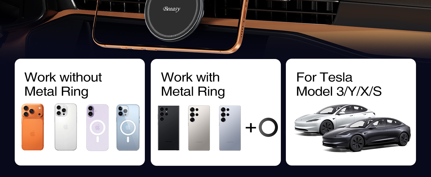 Wide Compatibility: For all Magnetic devices & non-MagSafe phones with metal ring, and Tesla