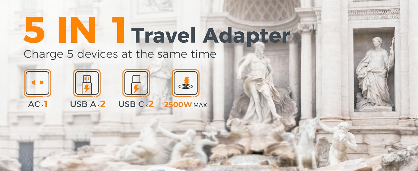 5 IN 1 Universal Plug Adapter: This International Plug Adapter charges up to 5 devices