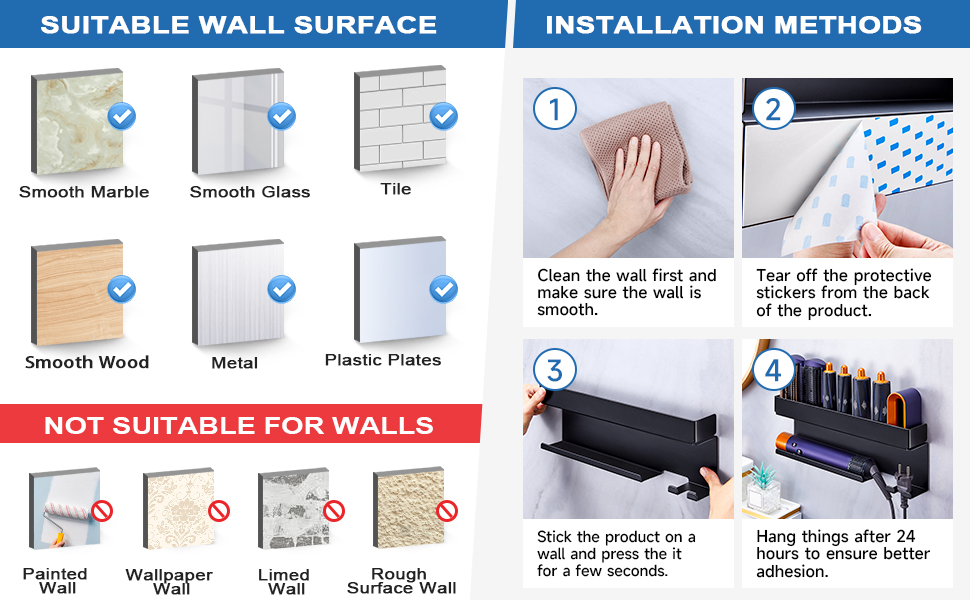 Installation guide showing suitable wall surfaces (smooth wood, metal, painted, plaster) and unsuitable surfaces (wallpaper, brick, etc). Steps show peeling adhesive and mounting process.