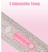 Text reads '3 Adjustable Temp' in pink. Pink background with adjustable temperature digital thermometer device featuring oval shape and temperature control settings on textured gray band.