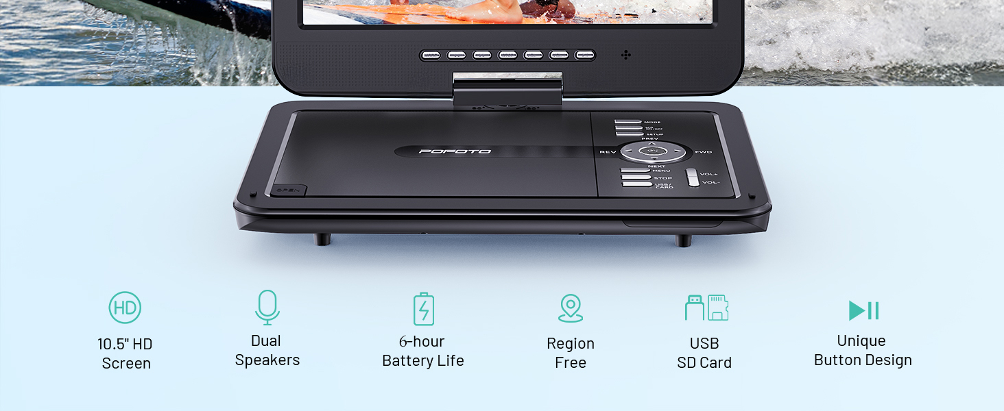 DVD player features 10.5-inch screen, USB/SD support, and 6-hour battery life in one compact device.